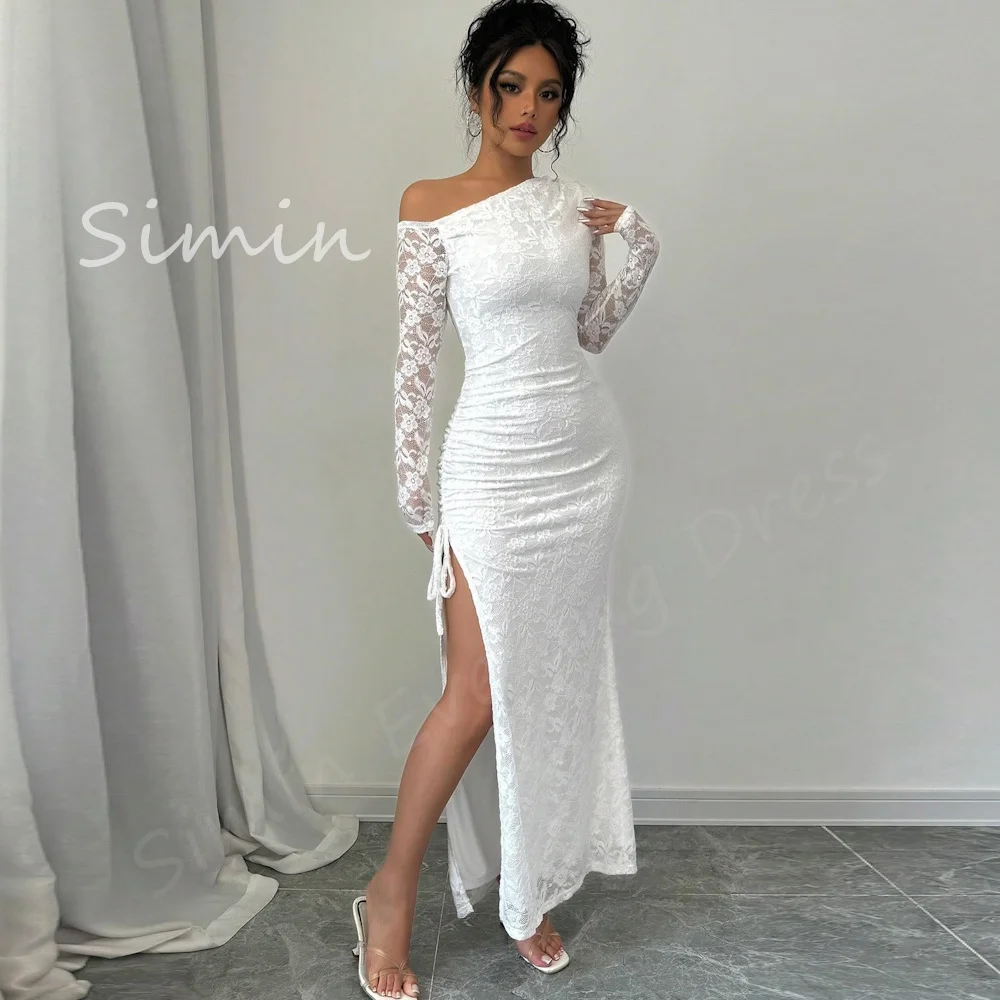 

Simin Luxury Party Dress Lace Flower Straight Sexy Long Sleeve Pleat elegant Formal Slit Saudi evening gala dress for women 2024