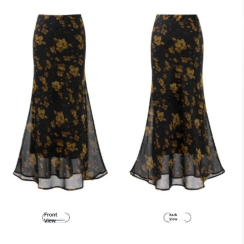 2026 Early Autumn New Long Floral Mermaid Skirt Black Printed Wrap Hip Skirt Elegant Mature Style Women Half Skirt Daily