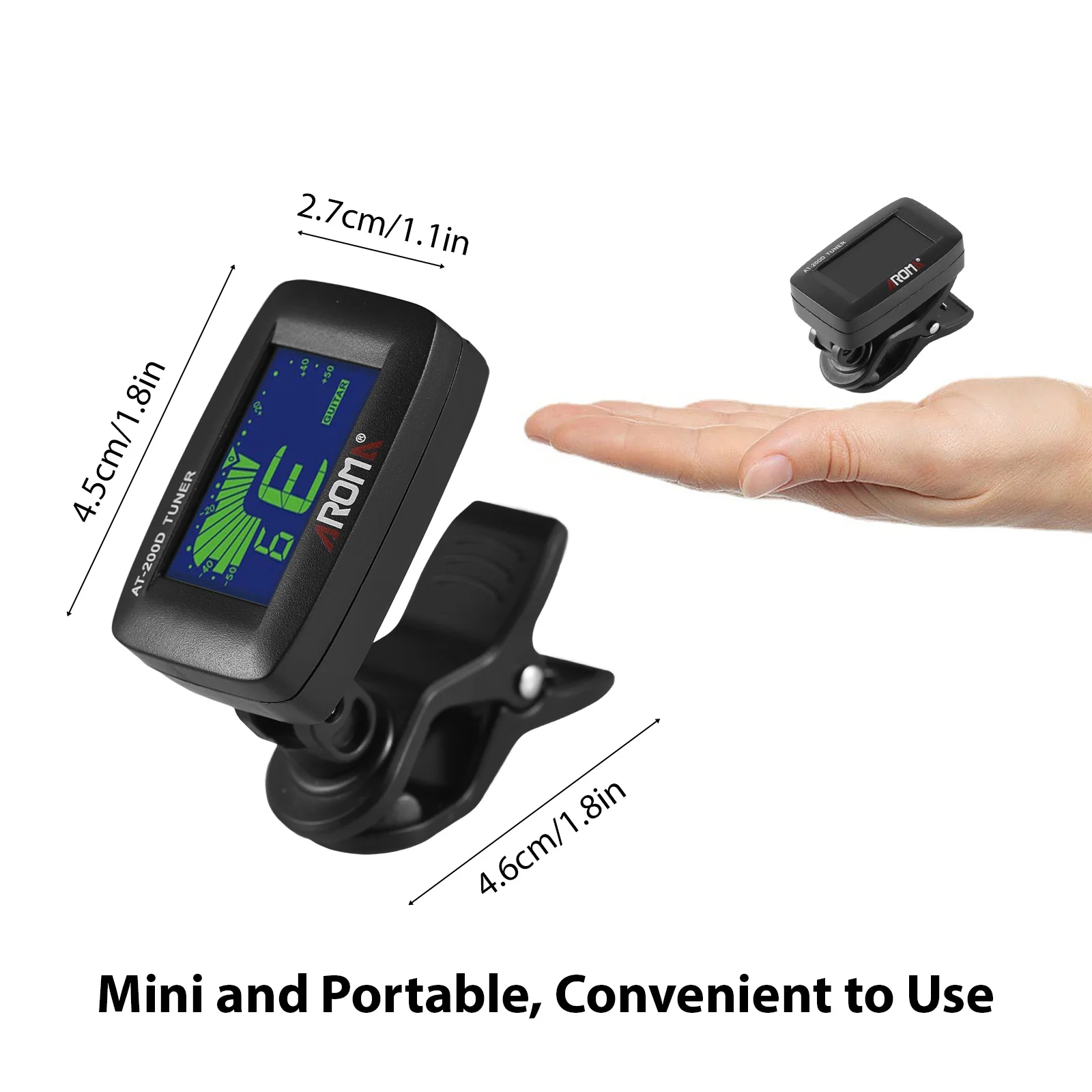 AROMA Guitar Tuner Clip On Portable Guitar Tuner 3-Color Backlight LCD Display with Foldable Rotating Clip Universal