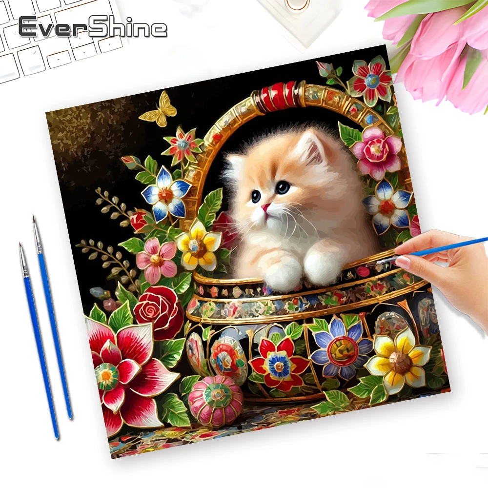 Evershine Bilder nach Zahlen, Katzenkunst, Tierzeichnung, Zeichnen auf Leinwand, Blumenmalset für Erwachsene, Korb-Wanddekoration