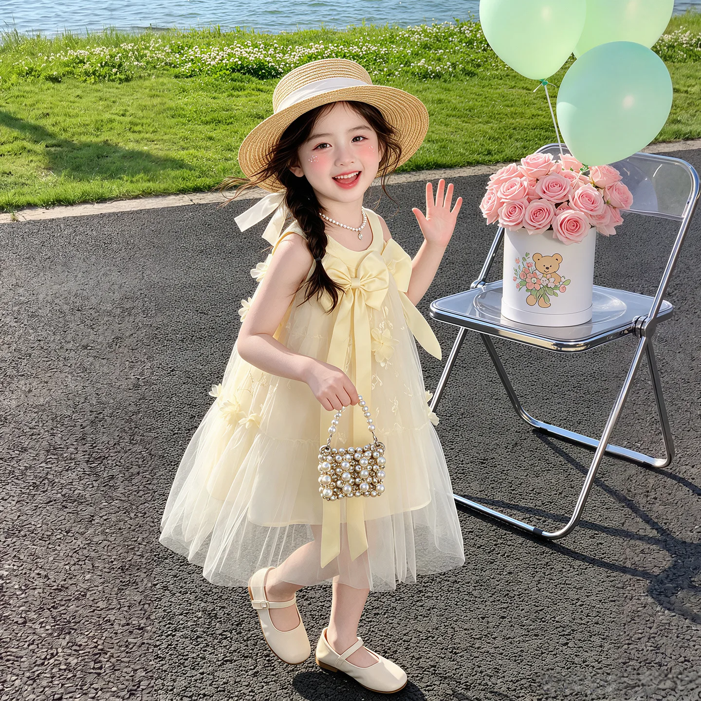 Girls 2026 Summer Fashion New Bow Princess Childrens Party Performance Dress Sweet and Stylish Dress Trendy Versatile