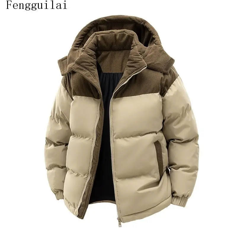Men Color Block Hooded Puffer Jacket Corduroy Splicing Zip Up Warm Winter Coat Loose Casual Thick Quilted Outerwear
