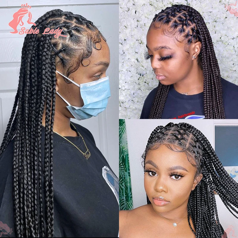 Peruca sintética trançada Full Criss Cross para mulheres negras, 36 "tranças Cornrow, perucas de renda, Knotless Box Braid, peruca cheia do laço