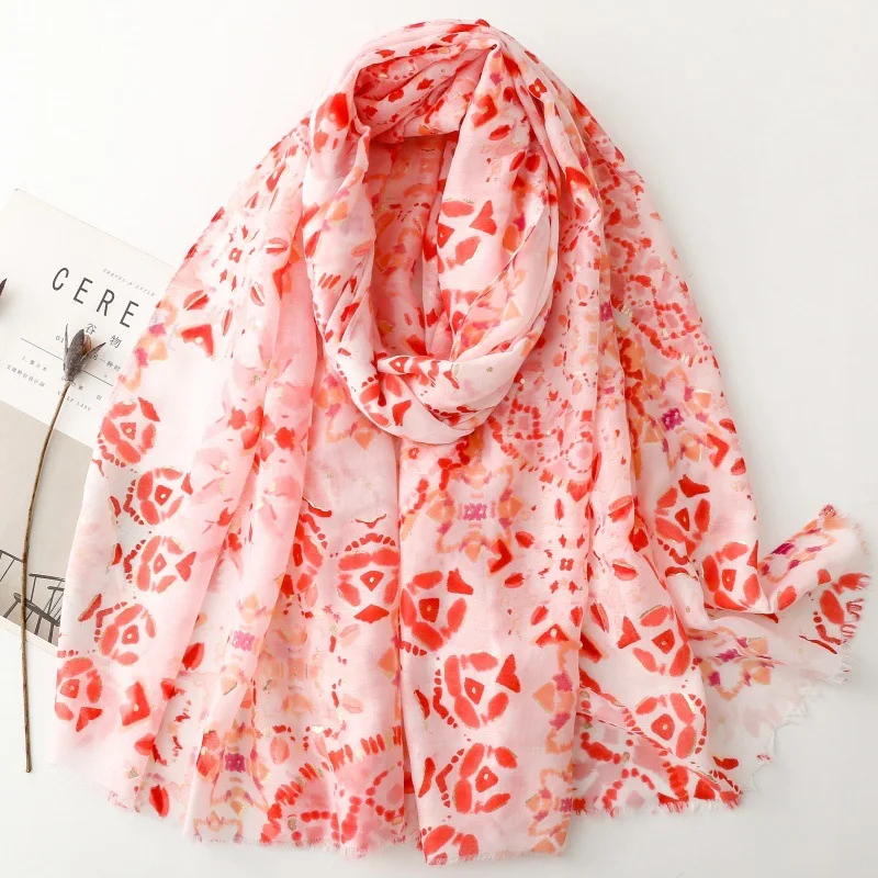 Fashionable New Scarf Thin Satin Pattern Hot Stamping High-speed Light Wheel Geometric Sunscreen Travel Warm Shawl Headscarf