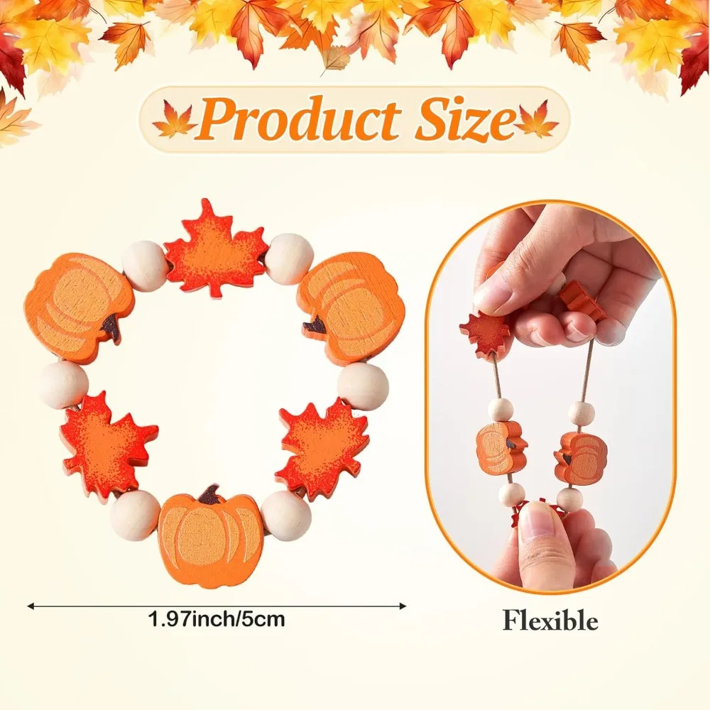 Fall Thanksgiving Napkin Rings Set of 12, Pumpkin Maple Leaf Wooden Bead Napkin Rings for Fall Thanksgiving Decorations,
