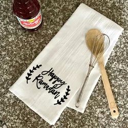 White Soft Happy Ramadan Kitchen Towel 1pcs for Muslim Gift Decoration Farmhouse Vintage Style Ramadan Decor for Muslim Favor