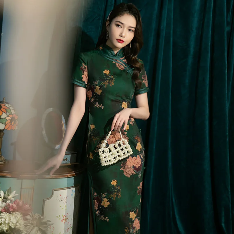 

2022 Summer New Women Lace Qipao Short Sleeve Lady Party Dress Chinese Traditional Elegant Catwalk Female Cheongsam