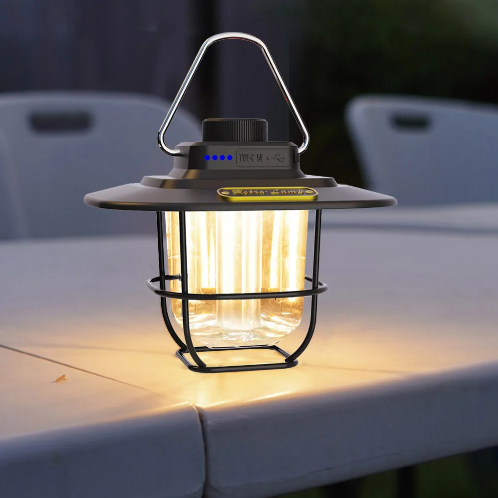 

LED Decorative Hanging Lights Waterproof Retro Camping Lamp Type-c Charging with Hook Battery Indicator for Outdoor Equipment