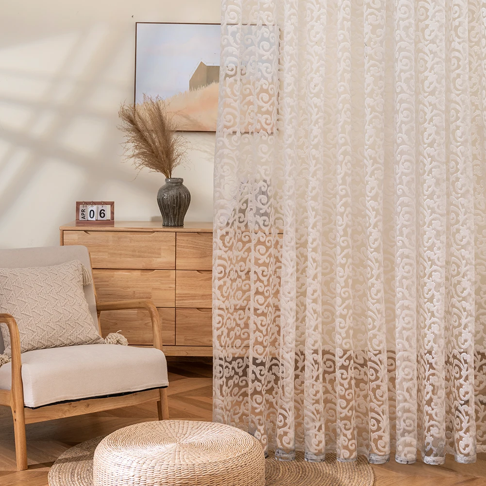 European Style Jacquard Curtain for Living room Modern Tulle Fabrics Organza White Sheer Panel Window Treatment