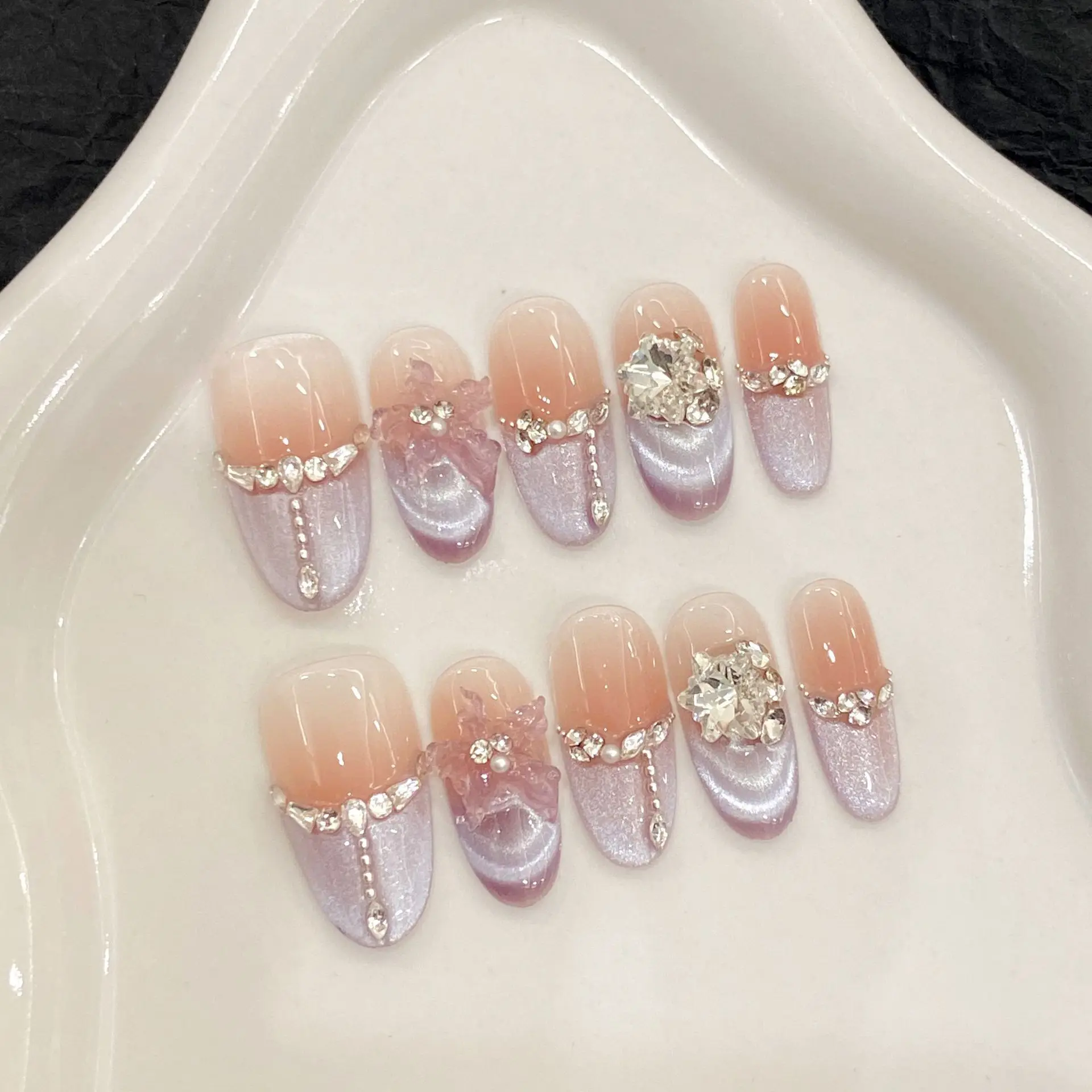 

10pcs Purple Handmade Fake Nails Tips Cat's Eye French Nails Sets Press on Rhinestones Design False Nail Art Wearable Manicure