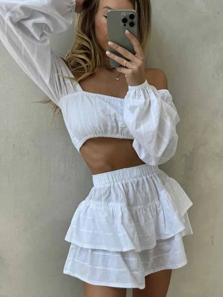 

MCDV Pleated Sexy 2 Pieces Set Women Long Sleeve Crop Top And Ruffle Mini Skirt 2025 Summer Beach Vacation Sweet Y2k Outfits