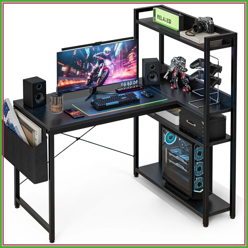 

40 Inch L Shaped Computer Desk with Reversible Storage Shelves, Home Office Corner Desk, Black