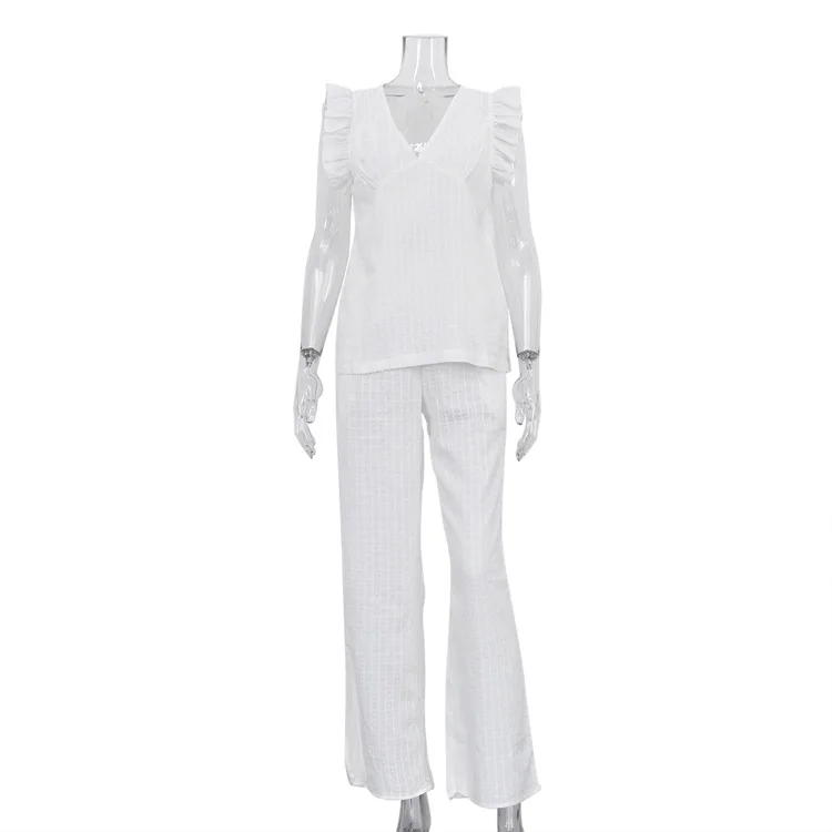 Women's Clothing 2026 Spring and Summer New Cotton V-neck Flying Sleeves Top Trousers Loose Two-piece Casual Suit