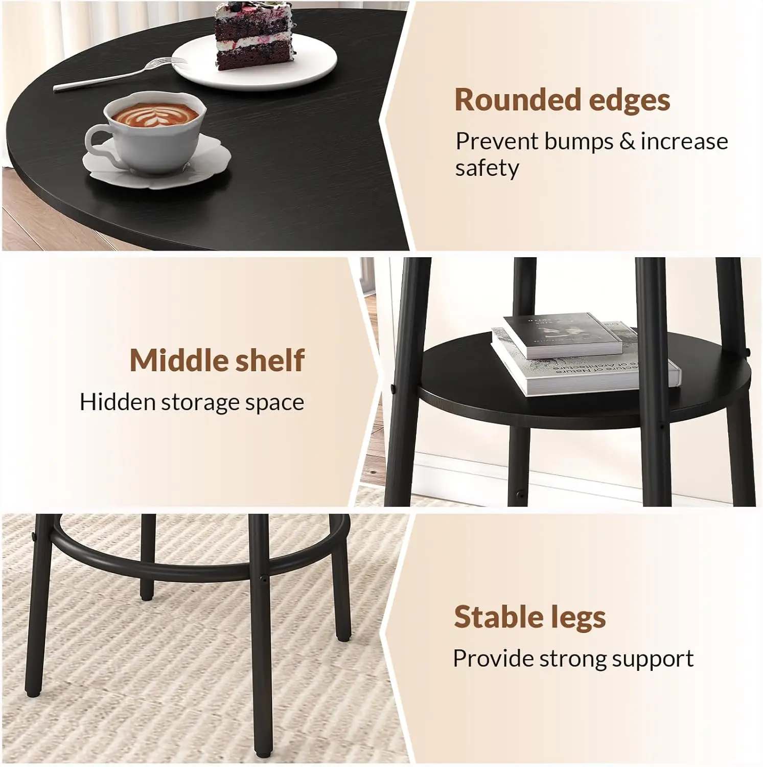 3-Piece Round Bar Table Set with Storage, Black Kitchen Dining Table for Two and Cushioned Stools