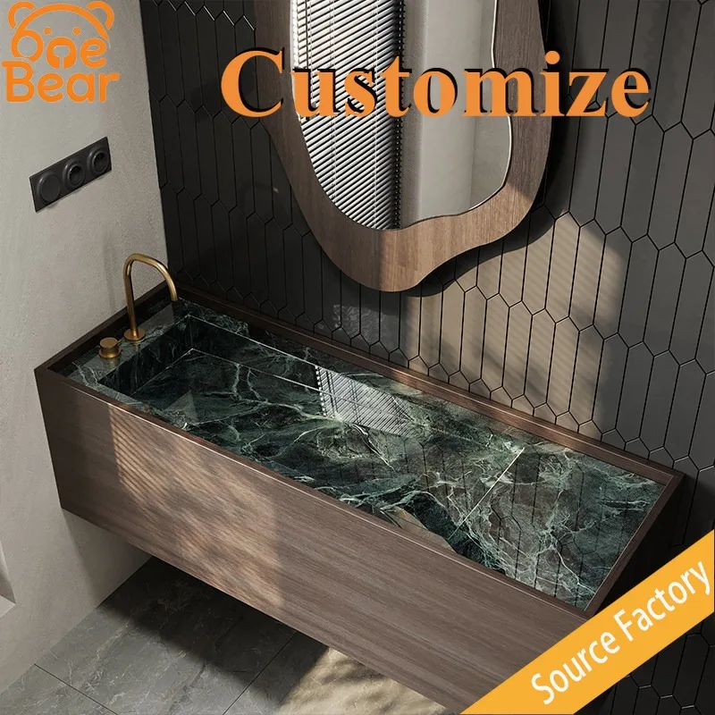 Wall Mount Integrated Marble Vanity Sink One Piece Natural Stone Basin Custom Size for Hotel Project Wholesale