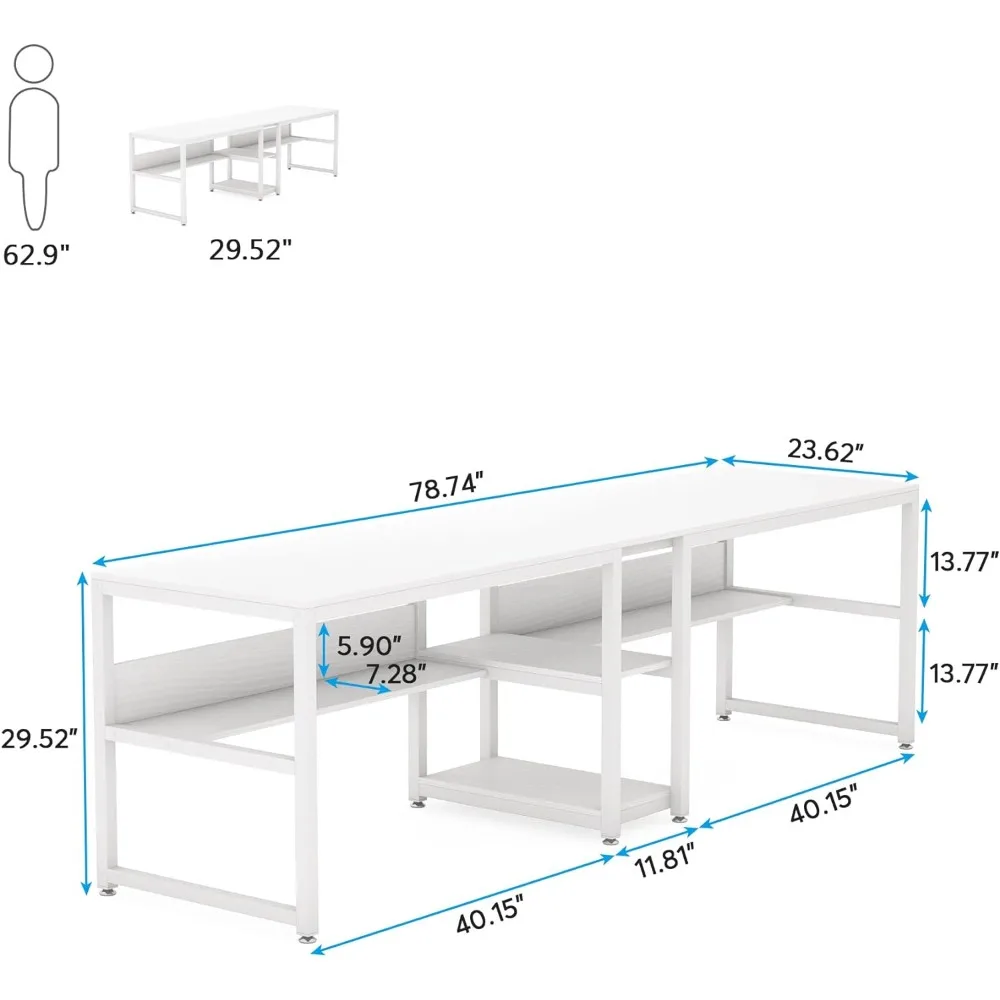 Two Person Desk with Bookshelf, 78.7 Computer Office Double Desk for Two Person