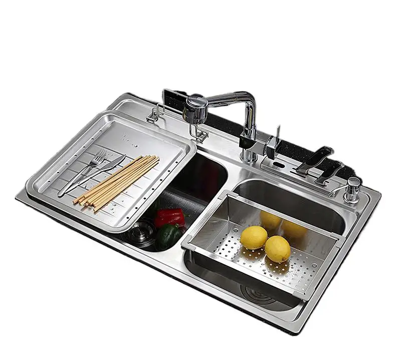 Stainless Steel Kitchen Sink Undermount WitHot Cold Bass Pull-Out Faucet Knife Block Chopboard Double TrougVessel Set