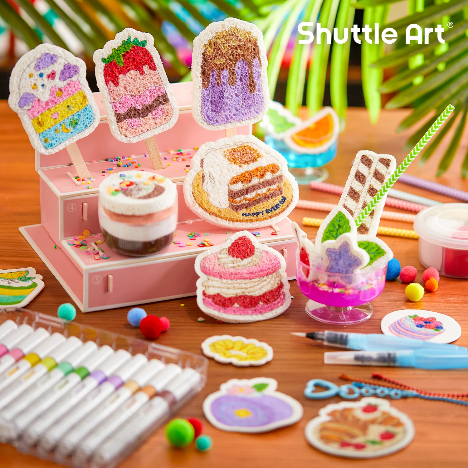 Shuttle Art 105 Pcs Magic Foam Texture Painting Kit Dessert Series: 24 Dessert Foam Pieces, Slime, Clay, Pastry Display Case, 12 Acrylic Paint Markers, Magical 3D Effect DIY Art for Kids