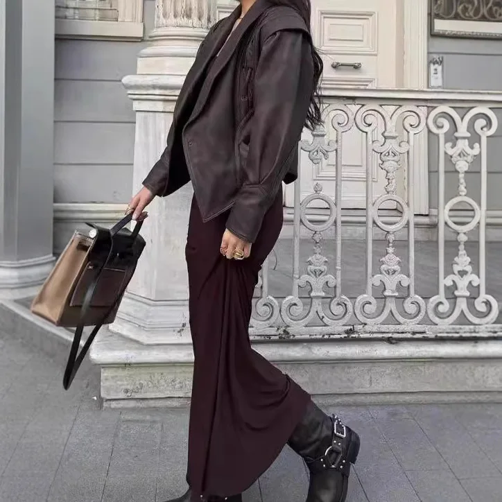 Damska kurtka skórzana z długim rękawem, luźna, uniwersalna, z dużym kołnierzem i ozdobnym wiązaniem, nowość 2025.