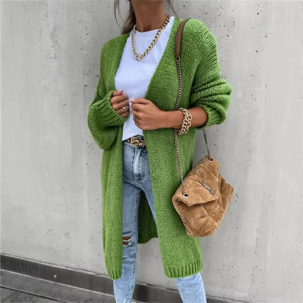 Knitted Women's Clothing New Autumn And Winter Loose Solid Color Long-sleeved Knitted Cardigan Sweater Jacket Women