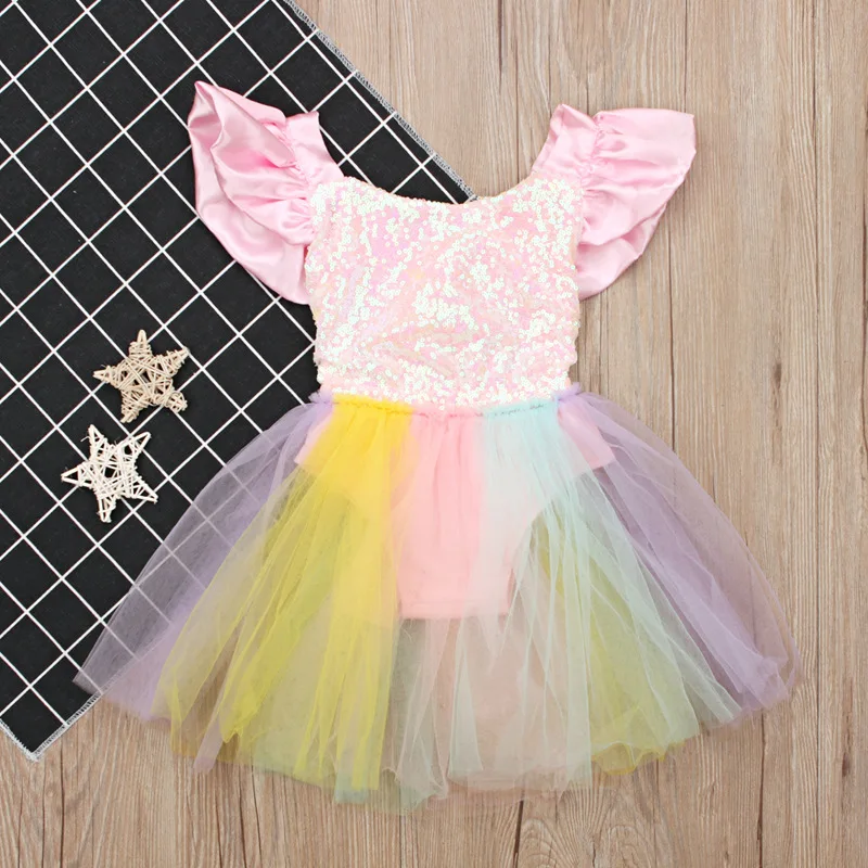 Baby Girl Bodysuit Dress Backless Sleeveless Toddler Outfit 1st Birthday Party Costume Cute Sequin Rainbow Kid Girl Clothes A636