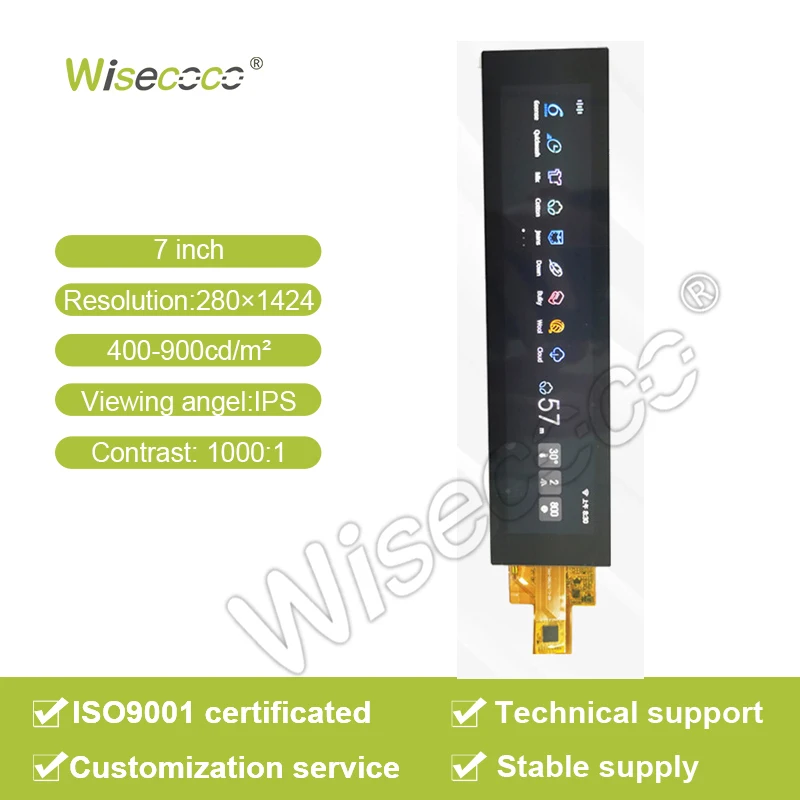 WIisecoco Stretched Bar Screen 7 Inch 280*1424 Resolution Mipi 30Pins 900cd/m2 Custom Touch Screen Lcd Display Module