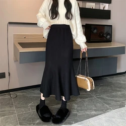 Elegant Office Long Skirt Women Autumn Winter High Waist Wrap Hip Skirts Y2k Streetwear Korean Fashion Knitted Solid Long Skirt