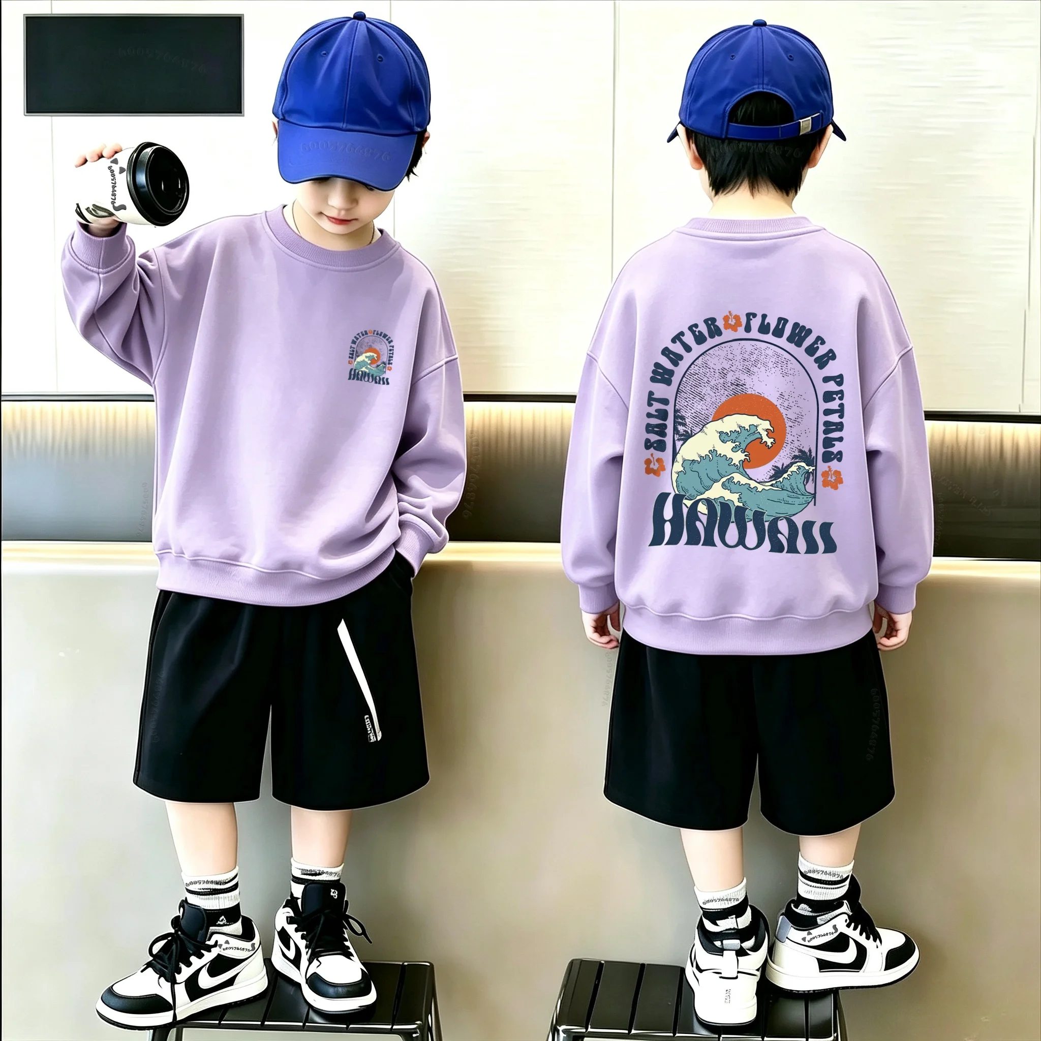 New Autumn Winter Kids Sweatshirt Hawaii Sea Wave Salt Water Flower Slogan Double Side Print Boys Girls Streetwear Pullover Top