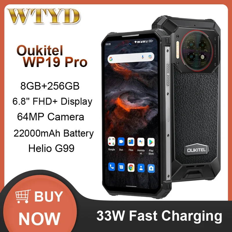 Oukitel WP19 Pro هاتف متين 8GB + 256GB 6.8 بوصة هاتف ذكي 22000mAh 64MP كاميرا Helio G99 الهاتف المحمول 120 هرتز الهاتف المحمول