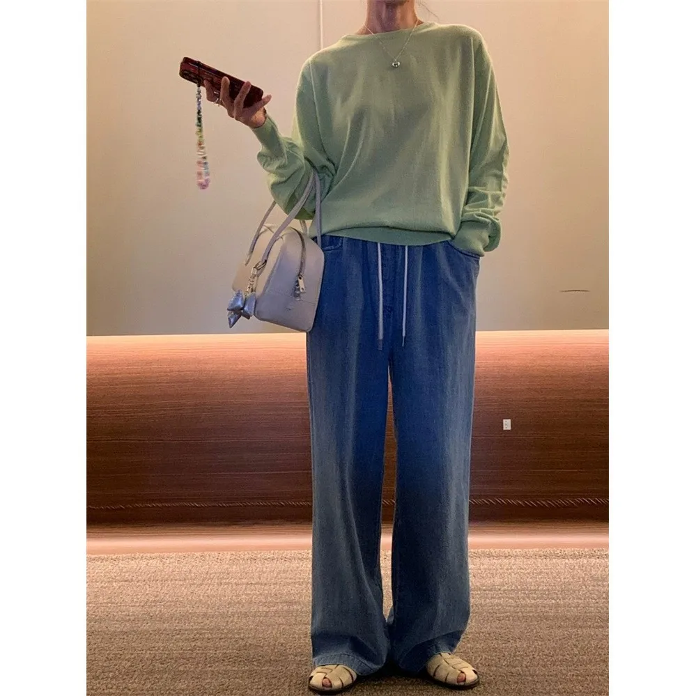 

Spring 2026 Lazy Sle Wide Leg Casual Jeans Elastic Waist Belted Dongda Gate New Arrival Women's Straight Cotton Denim Pants
