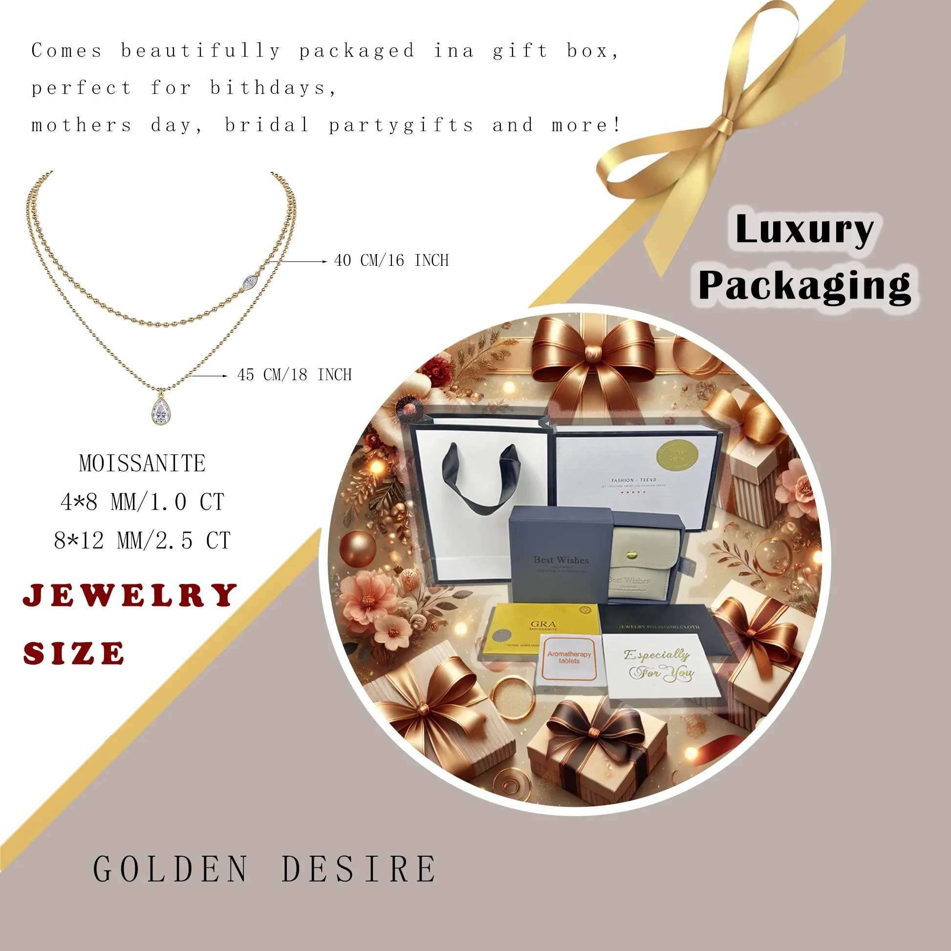 3.5ctw Double Layer  Necklace with Moissanite Teardrop and Marquise Cut Pendants – 18K Gold Plated S925 Silver Jewelry for Women