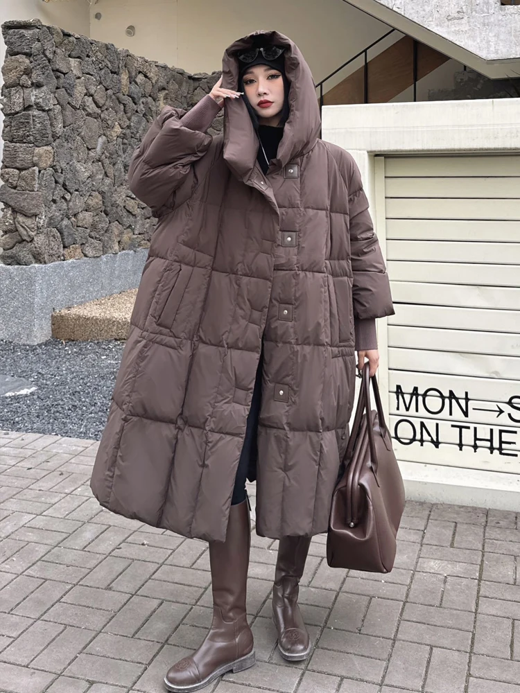 Lange Vintage-Daunenjacke mit Kapuze für Damen, 2026, Wintermode, Puffermantel mit Laternenärmeln, Übergröße, Damen-Outwear INKEO DJ 638