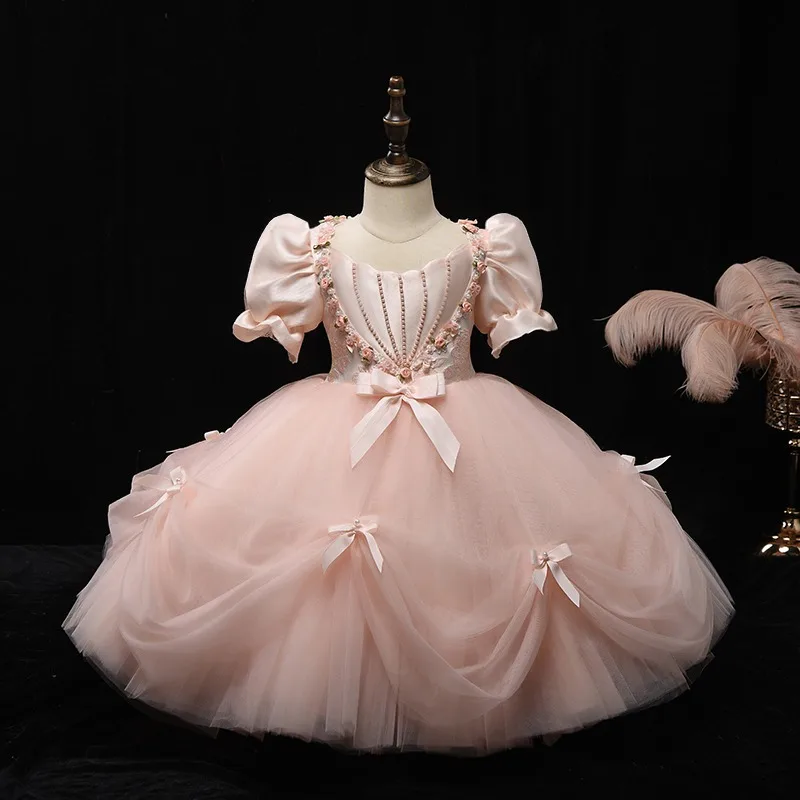 2024 Vintage Boutique Feestjurk Voor Meisjes Baby 'S Kralen Bloemen Tule Baljurk Kids Design Prinses Roze Bruidsmeisje Jurken