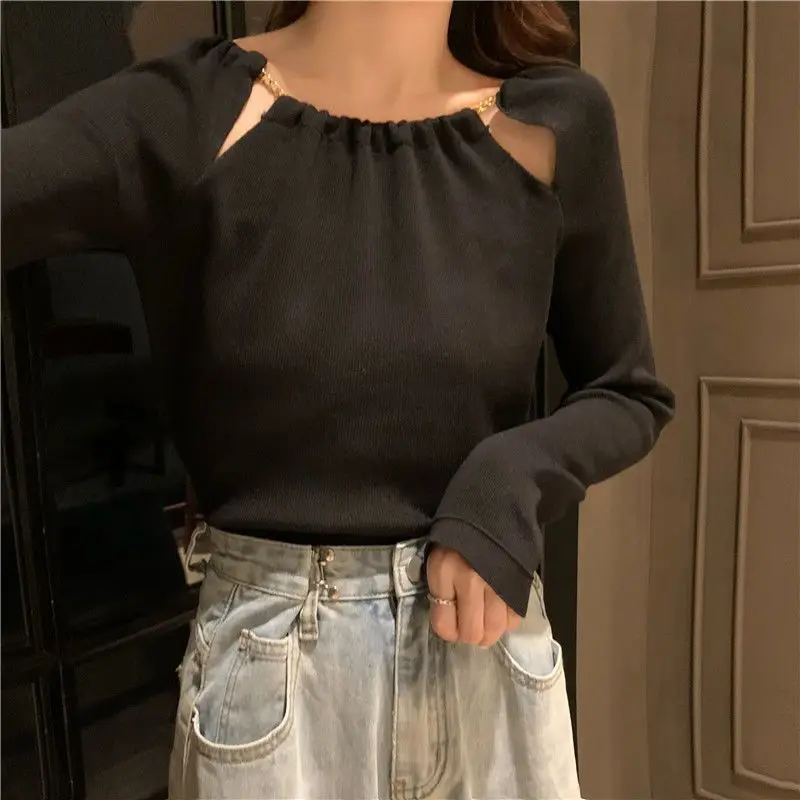 Kimutomo 2026 New Chain Hollow Out Halter Neck Knit Top Women Slim Fit Long Sleeve Spicy Girl Base Layer Shirts
