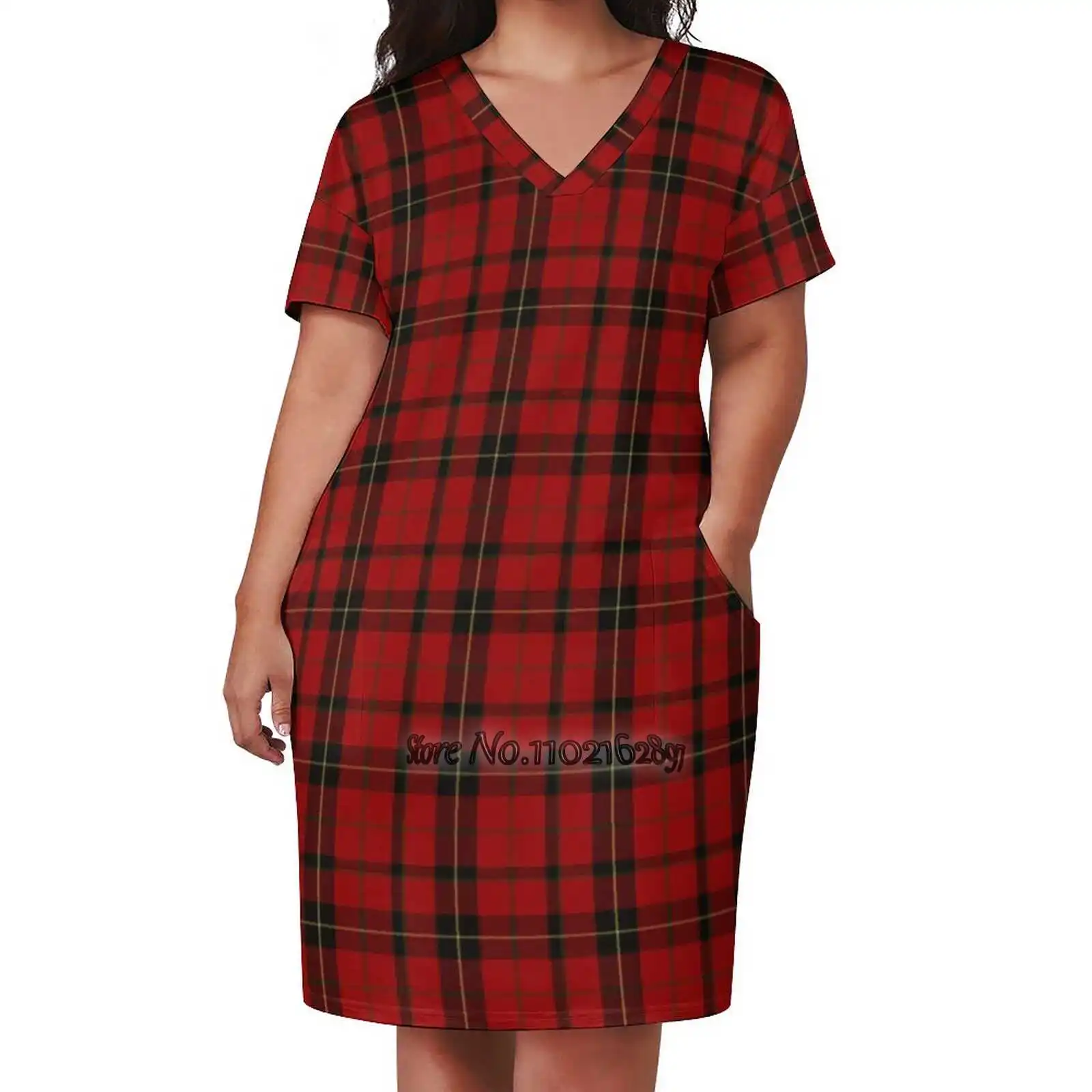 Red Black And Yellow | Clan | Scottish Tartan Flannel Plaid V-Neck Short Sleeve Skirt Korean Kawaii Skirts Party Dresses Grid