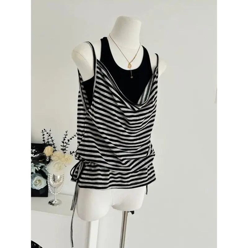 Korean Lazy Vibe Striped Sleeveless T Shirt Women Summer Loose Slim Armpit Flattering Camisole Two Piece Outfit Set