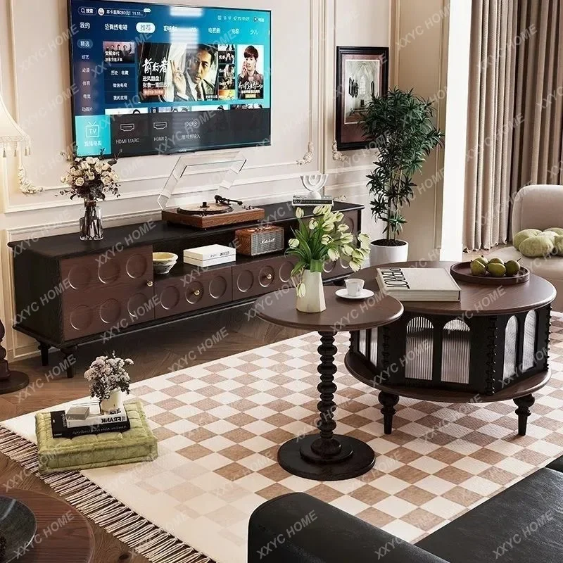 C Internet celebrity retro solid wood TV cabinet black  small apartment living room home storage cabinet vintage furniture