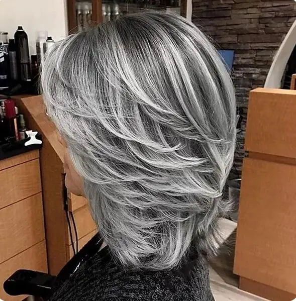 Dark Gray Ombre Layered Wigs with Bangs for Black Women Synthetic Hair Short Gray Highlight Straight Layered Bob Wig