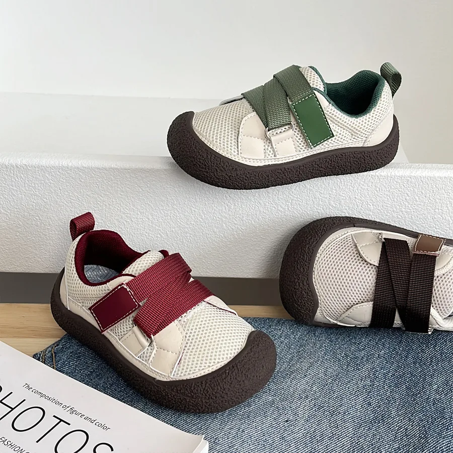 

Double Mesh Panel Shoes, New Style for Kids' Casual Adhesive Buckle Breathable, White Kindergarten Sports Shoes