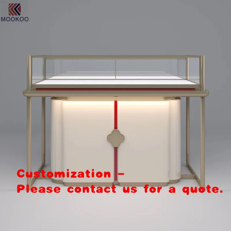 custom.Curved White Jewelry Display with Clover Handle & Red Accent | Custom 3D Design Service Luxury Retail