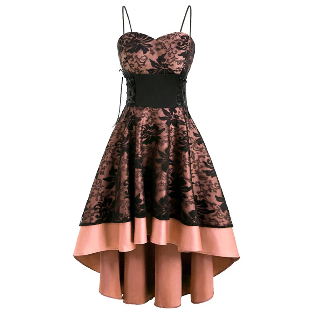 여성 Steampunk 고딕 높은 낮은 드레스 여성을위한 빈티지 꽃 레이스 드레스 스파게티 스트랩 로리타 드레스 레이스 업 코르셋 드레스
