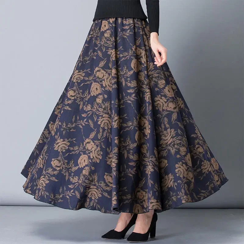 Autumn Winter Skirts Womens Elegant Faldas Loose Long High Waist Pleated Skirt Female Streetwear Print Vintage Skirts Saia