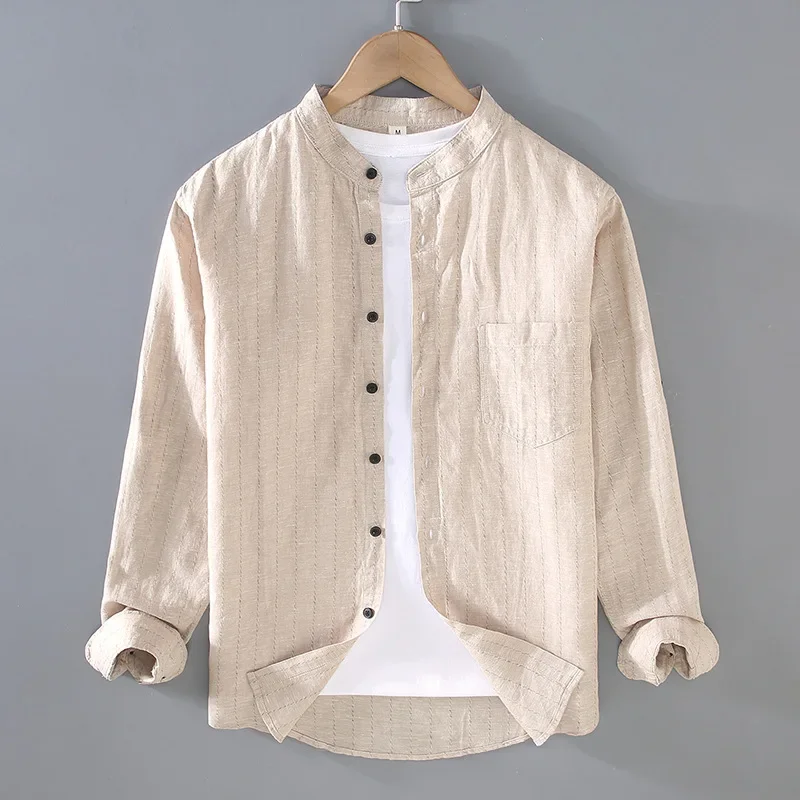 

Хлопково-льняная рубашка с длинным рукавом, мужская весенне-летняя повседневная рубашка с воротником-стойкой, мужская карманная рубашка в полоску в стиле Харадзюку, дышащий топ