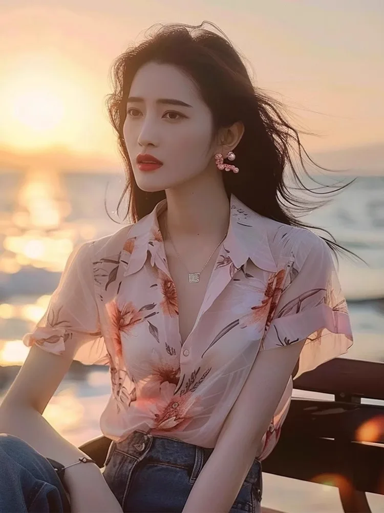 

Ele Шифон с цветочным принтом irt ort Sve Летний моющийся топ в Корейском стиле для поездок на работу Обычная посадка на одной пуговице