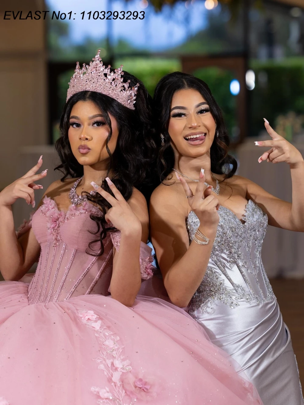 EVLAST Maßgeschneidertes glitzerndes rosa Quinceanera-Kleid, Ballkleid, Blumenapplikation, Kristallperlen, Sweet 16, Vestidos de 15 Anos E1QN822