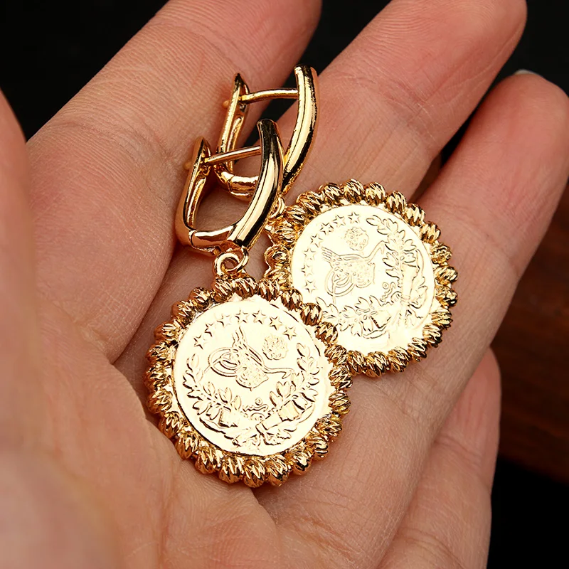 New Turkish Coin Dangle Earrings Gold Plated Ehtnic Wedding Jewelry Round Drop Earrings Middle East Arabic Bridal Earring