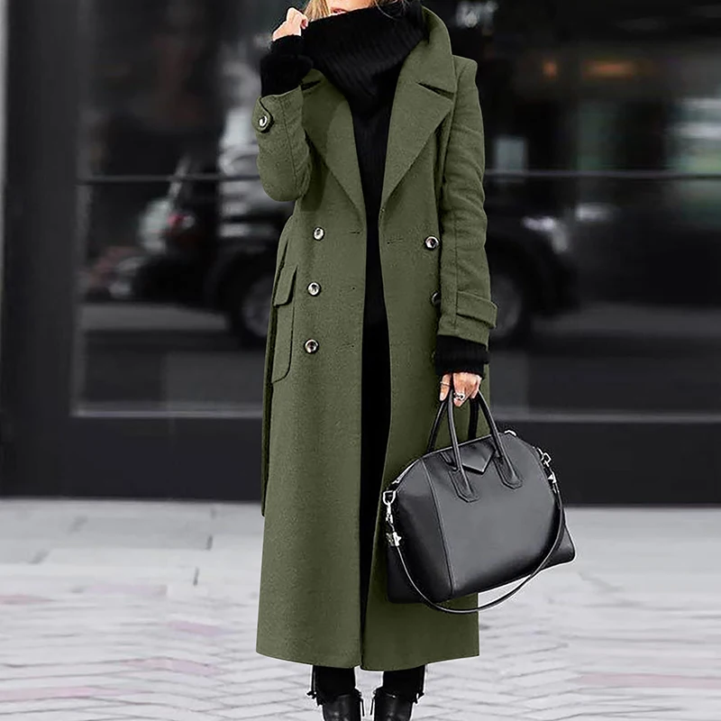 Temperament Commuter Lady Pocket Belt Trench Coat Fall Winter New Solid Lapel Long Wool Coat Fashion Warm Button Women Overcoat