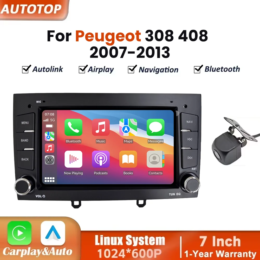 Autoradio da 7 pollici con CarPlay wireless e Android Auto per Peugeot 308, 308SW, 408, modelli 2007-2013, sistema multimediale intelligente, schermo touchscreen, autoradio con navigatore, Bluetooth,