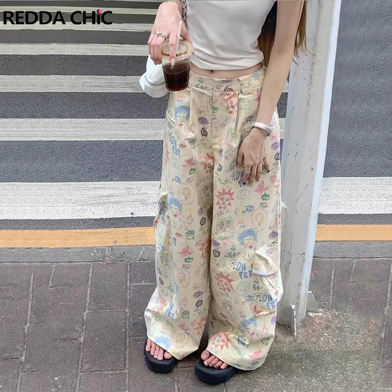 

REDDACHiC Cartoon Print Wide Leg Cargo Pants Women Big Pockets High Waist Graphic Baggy Jeans Female Trousers Y2k Streetwear