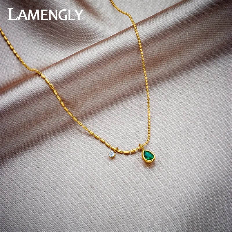 LAMENGLY 316L Stainless Steel Waterdrop Green Stone Crystal Pendant Necklace For Women Girl Fashions Neck Chain Jewelry Gift